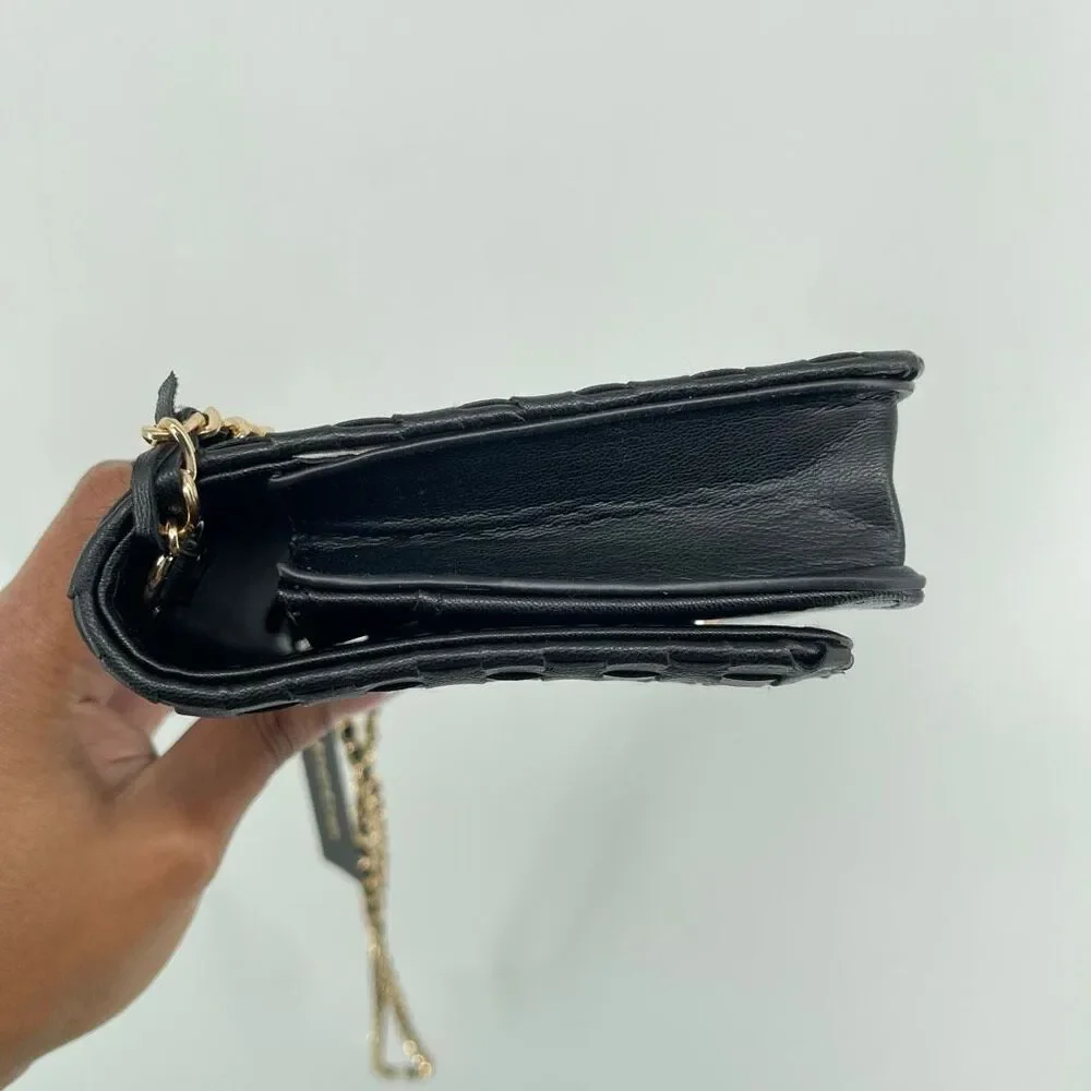 Bebe Yara Woven Vegan Leather Crossbody Bag Black Gold Chain NWT